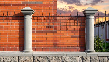 Brick wall with columns and fence