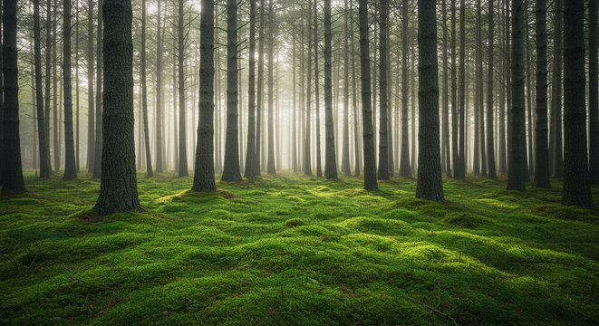 Tall pine forest with carpet of green moss