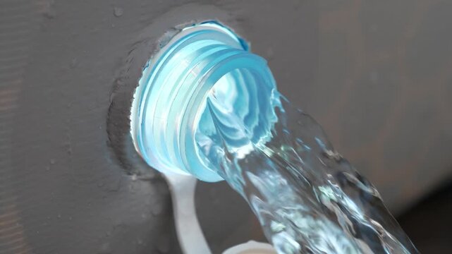 Water drains from frame pool. Draining water from outdoor open-air swimming pool. Water is leaking from the tank