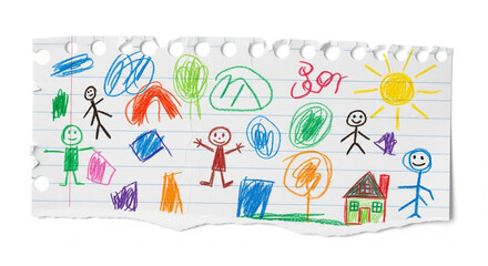 Vibrant childhood drawings of people houses and sun capturing joyful imagination