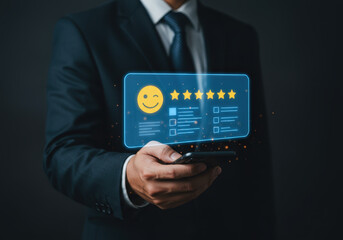 High user satisfaction: Customer showing a five-star review on a mobile device.