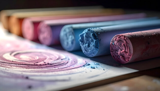 Vibrant Chalk Sticks in Soft Focus with Colorful Dust Swirls