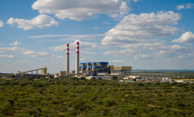 aerial view power plant electricity working on coal fossil fuel, african infrastructure developments Botswana