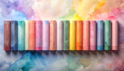 Colorful Stacked Pastel Crayons on Artistic Watercolor Background