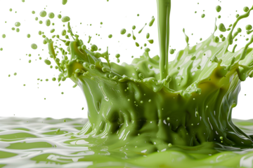 Dynamic splash of vibrant green liquid creates a refreshing and modern visual, perfect for health, beauty, or environmental themes with a striking aesthetic. Isolated To Transparent Background
