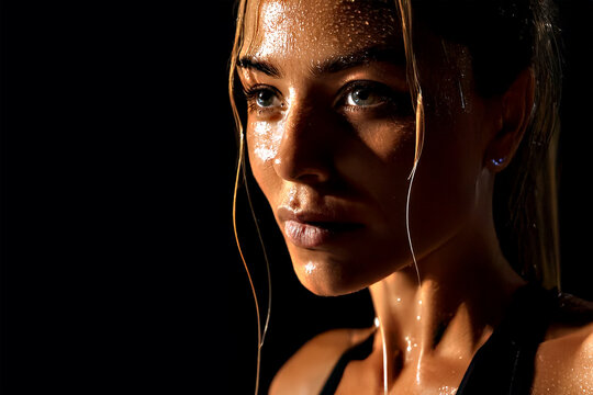Fit Woman Resting After Intense Workout Sweating on Dark Background