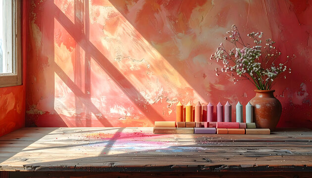 Colorful Crayons on Wooden Table with Flowers by Sunlit Wall