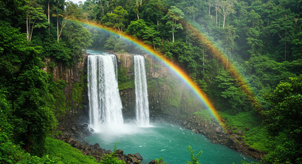 Fototapeta premium Rainbow forming over a tropical waterfall