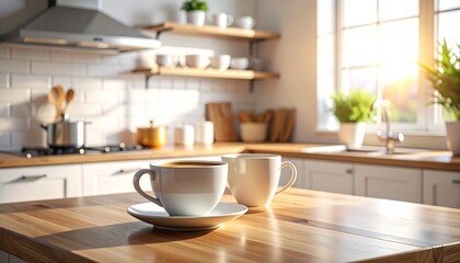 Bright kitchen scene with coffee cups