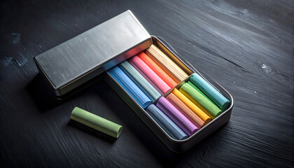Fototapeta premium Colorful Chalk Sticks in Open Metal Tin Box on Dark Surface