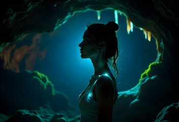 Mysterious woman illuminated by ethereal blue light in a dark, glowing cavern, contemplating the unknown depths of wonder and discovery.