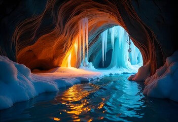 Discover a breathtaking frozen wonderland with glowing ice formations and shimmering water reflecting ethereal light, perfect for fantasy and adventure themes.
