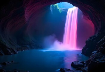 Discover a hidden paradise with a breathtaking waterfall cascading into a serene pool, bathed in ethereal pink and blue light within a mystical cave setting.