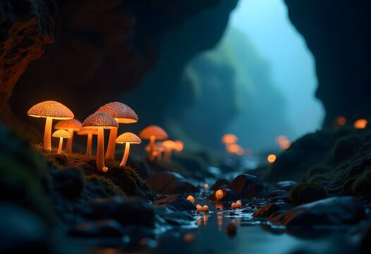 Enchanting bioluminescent mushrooms illuminate a mystical cave stream, casting an ethereal glow on a hidden natural wonderland