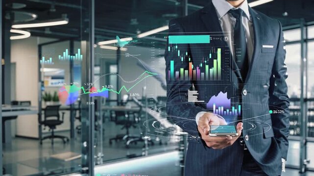 Business professional analyzes data trends using technology in modern office environment