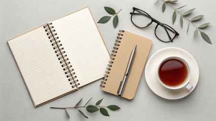 Minimal Flat Lay Notebook Pen Glasses Tea Cup —AI GENERATED