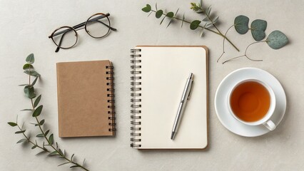 Minimal Flat Lay Notebook Pen Glasses Tea Cup —AI GENERATED
