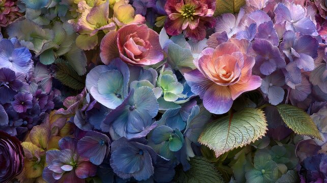 Vibrant Muted Floral Tapestry - Dense Hydrangeas Roses in Purple, Pink, Green Hues, Lush Decorative Background. - Powered by Adobe
