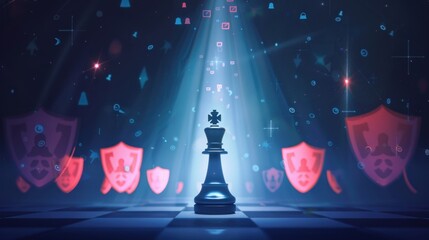 Chess King Under Spotlight - Strategic Game, Dark Background, Digital Art.