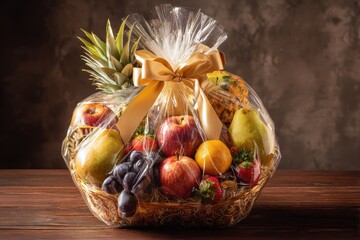Golden-Ribboned Fruit Basket, Still Life, Gift Basket.