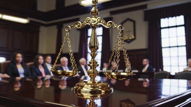 Courtroom discussion on legal matters with focus on scales of justice and participants in formal attire