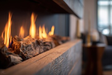 Warm Embers and Dancing Flames in Modern Fireplace.