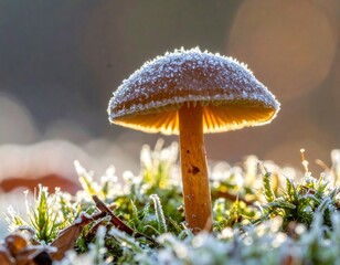 Close-up of a frosted mushroom in morning light