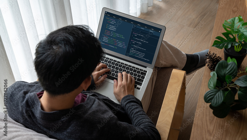 Poster software development programming on computer screen for modish application and program coding