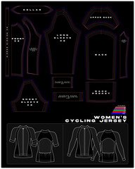 Technical vector pattern for women’s cycling jersey with short and long sleeves. Includes size range XS to XXXL, garment construction details and fashion design template for sportswear projects