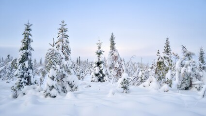 Naklejka premium Serene winter scene with snow-covered trees and soft light