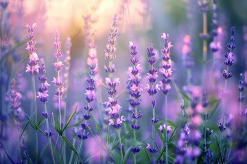 Naklejka premium Lavender Field in Soft Light - Purple Hues and Dreamy Atmosphere.