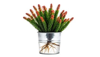 Bright red buds on green plant in tin pot