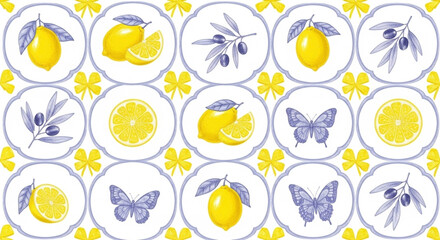 Lemon, butterfly, and olive branch pattern on a white and yellow tile background