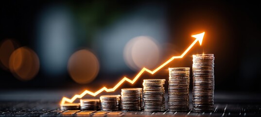 Growing Stack of Coins with Dynamic Orange Arrow, Financial Progress Concept for Investment Report and Wealth Management Presentation