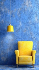 A vivid yellow armchair rests against a textured blue wall, accented by a pendant lamp.