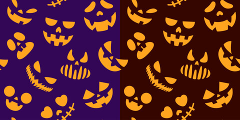 Seamless Halloween pattern with glowing jack-o’-lantern faces. Spooky, fun design for holiday decoration, background, card, invitations, printing, wrapping paper, autumn, textile, party. Flat vector.
