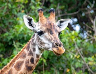 Fototapeta premium Close-up of a giraffe's head and neck in a lush forest