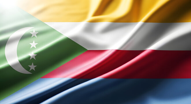 The national flag of the Union of the Comoros, a vibrant silk fabric waving in the wind.