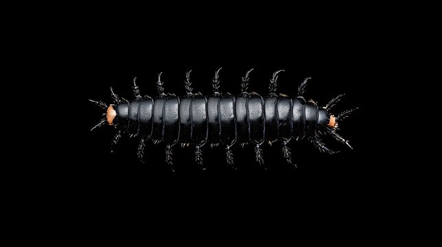 Closeup of a dark, segmented insect larva with glowing spots on a black background
