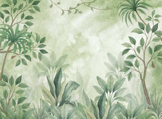 Watercolor tropical jungle leaves background, botanical frame, greenery border, natural foliage illustration