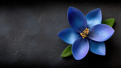 A vibrant, deep blue flower rests elegantly on a dark textured surface.
