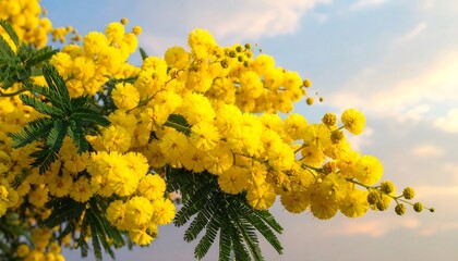Bright yellow flowers against a soft sky