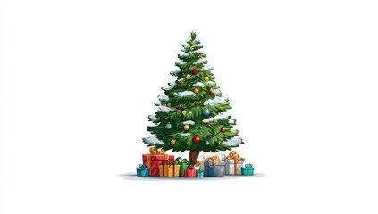 A charming Christmas tree, adorned with colorful ornaments and snow, stands amidst a collection of presents, creating a festive and joyful scene.