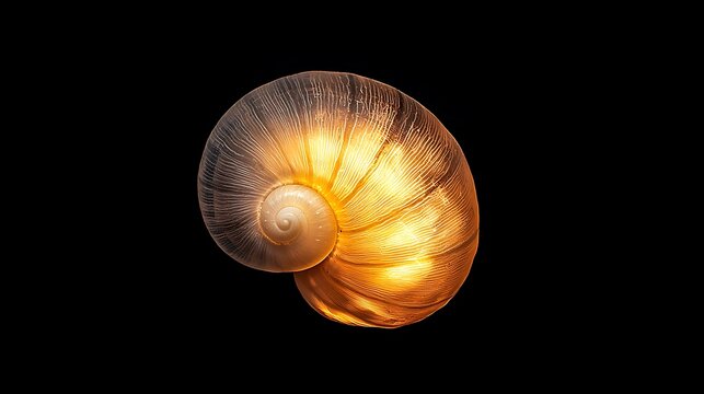 A closeup view of a golden snail shell with intricate spiral patterns on a black background