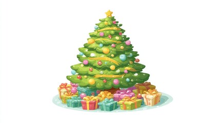 A vibrant Christmas tree, adorned with colorful ornaments and ribbons, stands tall amidst a collection of presents, creating a festive and joyful scene.