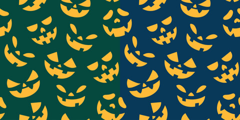 Seamless Halloween pattern with glowing jack-o’-lantern faces. For holiday decoration, background, card, invitations, printing, wrapping paper, autumn, textile, party, seasonal design. Flat vector.