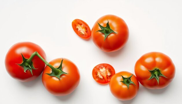 Single ripe red tomato and tomatillos on white background, still life, ingredient