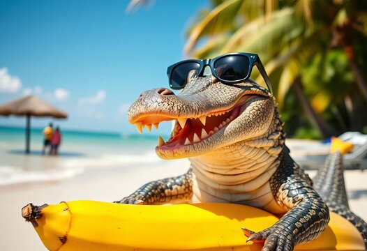 Smiling alligator in sunglasses rides banana, bright beach scene, holiday, sky