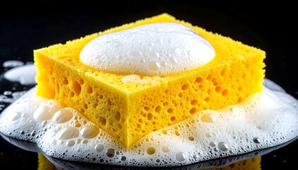 Bright yellow sponge in soapy foam on black