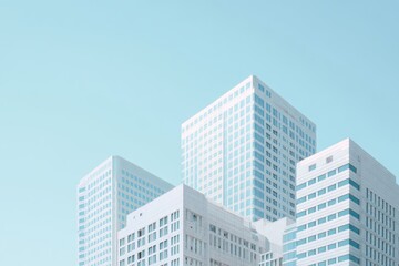 Obraz premium Clean White Skyscrapers Against Serene Pale Blue Sky, Modern Geometric Urban Architecture.